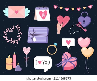 Set of vector elements for Valentine's Day and others decorative on a dark background. Vector illustration.
Perfect for cards, invitations, packaging, sticker set.