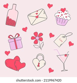 Set of vector elements for Valentine's Day. Concept of love, wedding. Design for greeting card, invitation.Vector illustration.