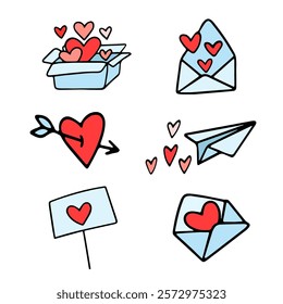 Set of vector elements for Valentine's day. Paper plane, flag, letter, message, love message, gift box with hearts. Design of wedding decorations, cards