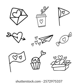 Set of vector elements for Valentine's day. Paper plane, flag, letter, message, love message, gift box with hearts, candy. Design of wedding decorations, cards