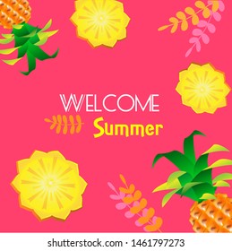 set of vector elements. Various elements for summer design. Background with tropical fruits and leaves.