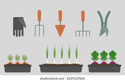 A set of vector elements for vegetable garden and gardening on a gray background. Garden set, vegetables planted in slides, garden gloves, rake and shovels
