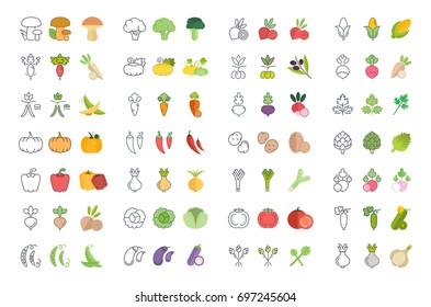 Set of vector elements of vegetables and mushrooms. Icons in flat, color and line styles.