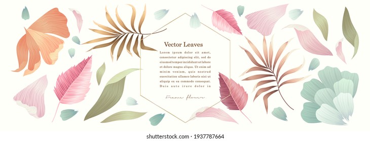 A set of vector elements of vegetation, leaves, flowers, branches. Pastel, watercolor. Brush strokes.