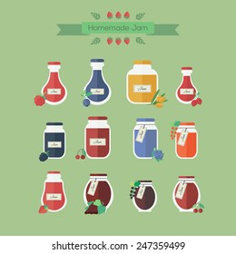 Set of vector elements for web design. Glass jars of jam with berries
