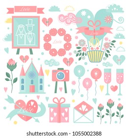 Set of vector elements for wedding design. Save the date. Collection of floral doodles, leaves, branches, flowers, gifts, arrows, hearts, arrows, ballons.