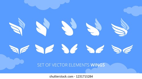 Set of vector elements wings to complement the logo or illustration. Sky and clouds in the background.