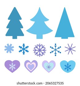 Set of vector elements for winter design: snowflakes, Christmas trees, hearts. Cute flat style illustrations for Christmas, New Year, cozy winter