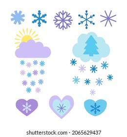 Set of vector elements for winter design: snowflakes, Christmas trees, hearts. Cute flat style illustrations for Christmas, New Year, cozy winter