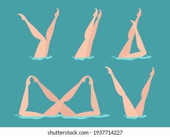 Set of vector elements in the womens synchronised swimming. Woman athlete on the performance of synchronized swimming performing art elements