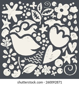 Set of vector elements for your love postcards. Floral ornament. Pigeon. Handmade.