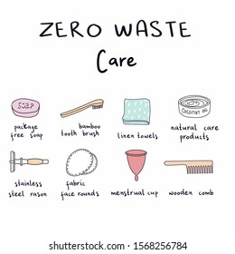 Set of vector elements Zero Waste Care , eco, green and zero waste lifestyle for bathroom cosmetics, hygiene, tooth brushing. For shop, article, website, illustration, infographic template.