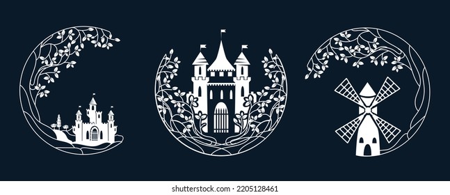 Set of vector emblem with medieval castle and floral interlacing lines and leaves. medieval architecture. Vintage and floral backgrounds.