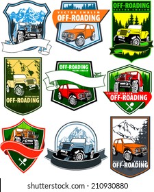 set of vector emblems with 4x4 vehicle off-road car and mountains forest