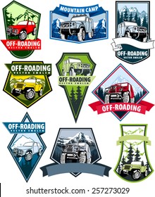 set of Vector emblems with 4x4 vehicle off-road car and mountains