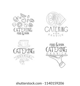 Set of vector emblems for catering companies. Food service. Monochrome logos with vegetables, English breakfast, coffee cup and hand with tray