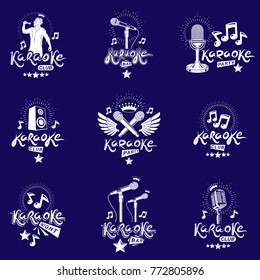 Set of vector emblems and leaflets created using musical notes, stage and recorder microphones and other audio equipment. Live music concert and karaoke invitation posters.