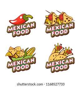 Set of vector emblems, logos. Mexican food. Tacos, buritos, nachos, chili.