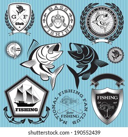 set of vector emblems on the topic fishing