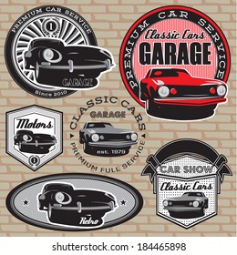 set of vector emblems with retro car on wall