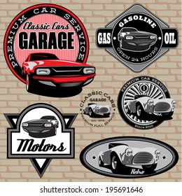 set of vector emblems with retro car on wall