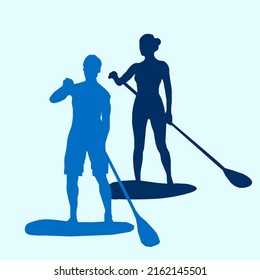 Set of vector emblems with SUP boards, boarder silhouettes and equipment