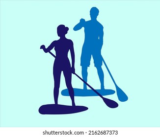 Set of vector emblems with SUP boards, boarder silhouettes and equipment.