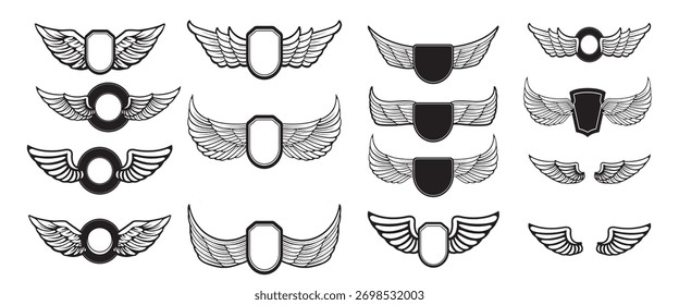 Set of vector emblems with wings. Design elements for logo, label, emblem, sign. Vector illustration.