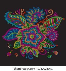 Set of vector embroidery flowers, leaves, branches in ethnic style. Bright colors on a dark black background. Indian folk decoration for textile. Book cover, batik paint, retro, vintage ornament eleme