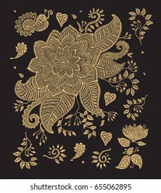 Set of vector embroidery flowers, leaves, branches in zen tangle style. Golden color on a black background. Indian folk decoration for textile. Book cover, batik paint, retro poster, vintage ornament