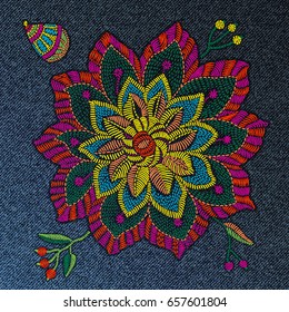 Set of vector embroidery flowers, leaves, branches in zen tangle style. Bright colors on a jeans denim background. Indian folk decoration for textile. Book cover, batik paint, retro, vintage ornament 