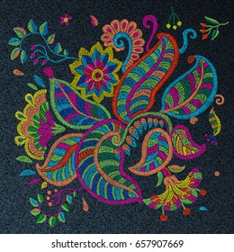 Set of vector embroidery flowers, leaves, branches in zen tangle style. Bright colors on a jeans denim dark background.Indian folk textile decoration. Book cover, batik paint, retro, vintage ornament 