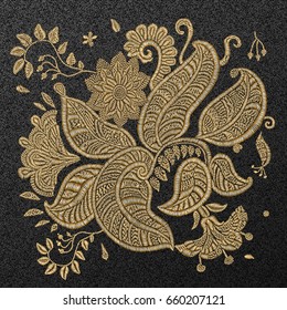 Set of vector embroidery flowers, leaves, branches in zen tangle style. Golden color on a black background. Indian folk decoration for textile. Book cover, batik paint, retro poster, vintage ornament