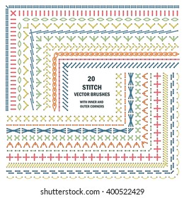 Set of vector embroidery stitch pattern brushes. Ethnic craft design. Cross borders. Craft  stitch ornament. Sewing elements