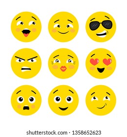 Set of vector emoji isolated on white background. Different facial expression for web chat. Smile, sad, happy, love, angry, confidence, dreaminess, confusion.