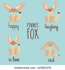 Set of vector emoji stickers of cute fennec fox, beige brown, sitting, front view. Happy, sad, in love, laughing. Light blue background with hand drawn lettering. 