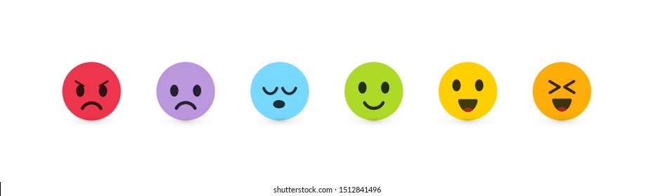Conjunto de emoticonos vectoriales con diferentes emociones. Escala de comentarios, revisión del cliente y evaluación de la calidad de los bienes o servicios. Ilustración plana vectorial redonda de color emoji.