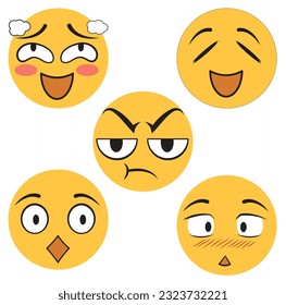 Set of vector emoticons, emojis, with anime expressions, embarrassed, clueless, angry, amazed, shy.