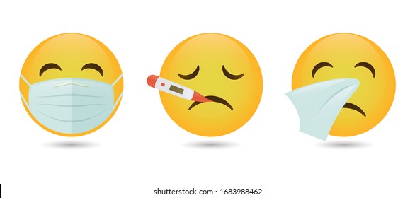 Set of vector emoticons with medical mask, thermometer and handkerchief on a white background. Glossy cartoon emoji icon collection.