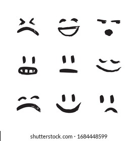 Set of vector emoticons, smiley, kaomoji, and mood expressions. Modern grunge, textured emoji looks like graffiti for any projects, prints, and web interfaces. Excellent templates for your design.