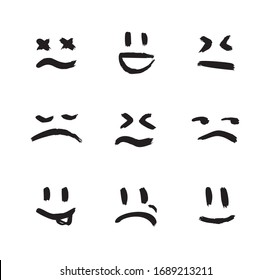 Set of vector emoticons, smiley, and mood expressions. Modern grunge and textured emoji looks like graffiti for any projects, prints, and web interfaces. Templates for your design.