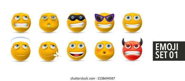 Set of vector emotion icons. Happy, sad emoji faces. Yellow cartoon characters with different mood and expressions, emoticons