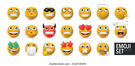 Set of vector emotional faces icons. Emoji cartoon illustrations. Happy, smile characters and emoticons