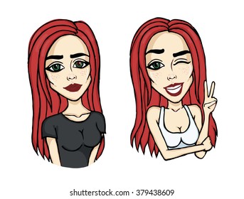 Set of vector emotions of character. Cartoon girl. Hand drawn sticker. Beautiful romantic, cute woman.T-shirt Graphics, illustration, adolescent, poster.Cloth design, wallpaper, wrapping.Doodle style.
