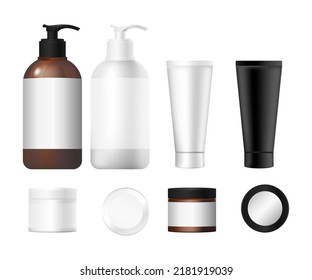 Set of vector empty and clean white plastic cosmetic containers tube for cream, ointment, toothpaste, lotion.  Soap pump, bottles, dispenser. Realistic packaging mock up.
