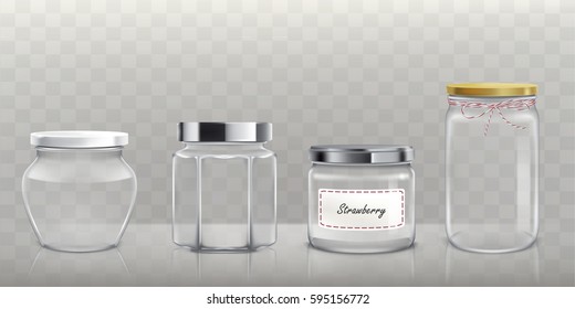 Set of vector empty glass jars with lids in realistic style