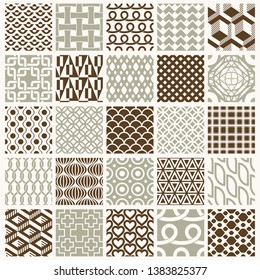 Set of vector endless geometric patterns composed with different figures like rhombuses, squares and circles. 25 graphic tiles with ornamental texture can be used in textile and design.