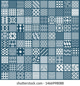 Set of vector endless geometric patterns composed with different figures like rhombuses, squares and circles. Graphic ornamental tiles made in black and white colors.