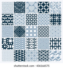 Set of vector endless geometric patterns composed with different figures like rhombuses, squares and circles. Graphic ornamental tiles made in black and white colors.