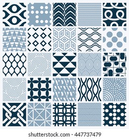 Set of vector endless geometric patterns composed with different figures like rhombuses, squares and circles. Graphic ornamental tiles made in black and white colors.